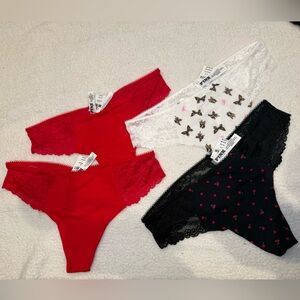 NWT PINK Victoria's Secret Lace Trim thong Panty bundle - Red, Black, White.